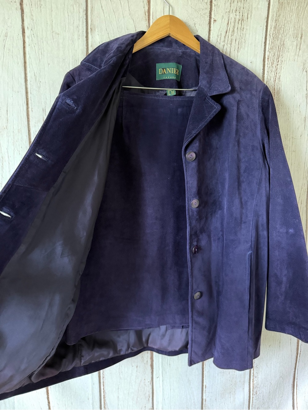Vintage Danier Canada Plum/Navy Genuine Suede Leather Jacket & Skirt Suit L/16